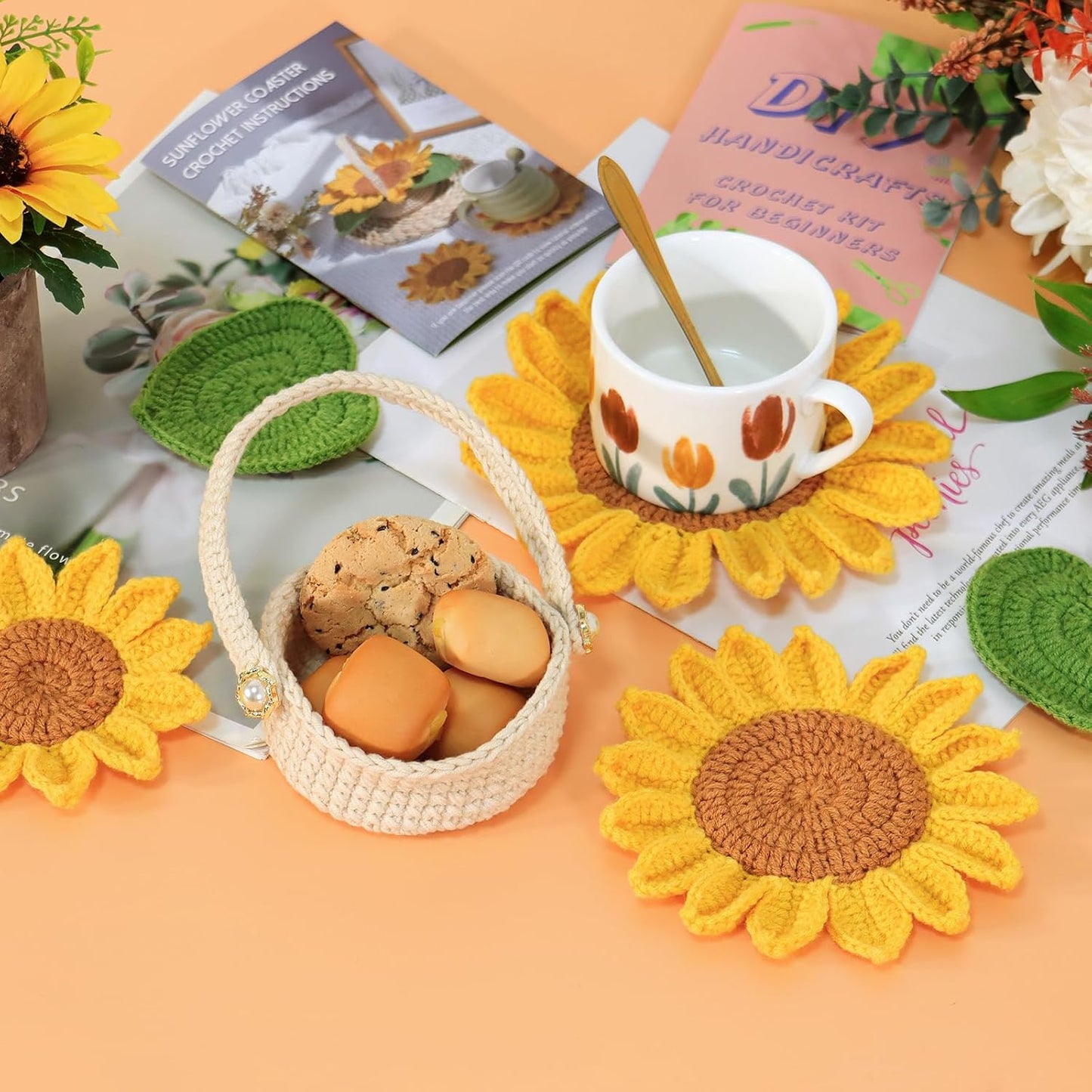 Sunflower Pot Crochet Kit with 5pcs Coasters